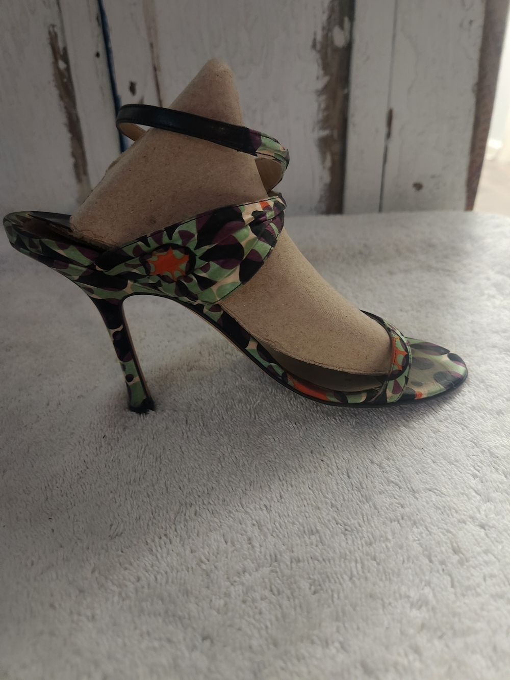 Jimmy Choo Green and Black Floral Ankle-Strap Sandals